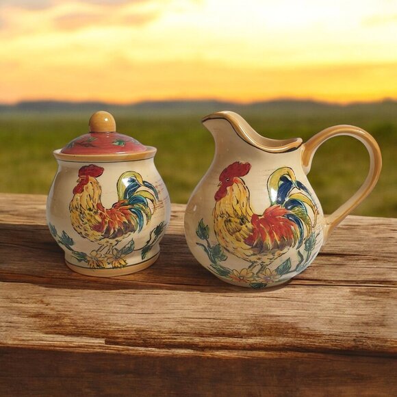 Rustic Rooster Ceramic Pitcher Sugar Bowl Set Lid Farm Core Kitchen Replacement - Picture 1 of 8